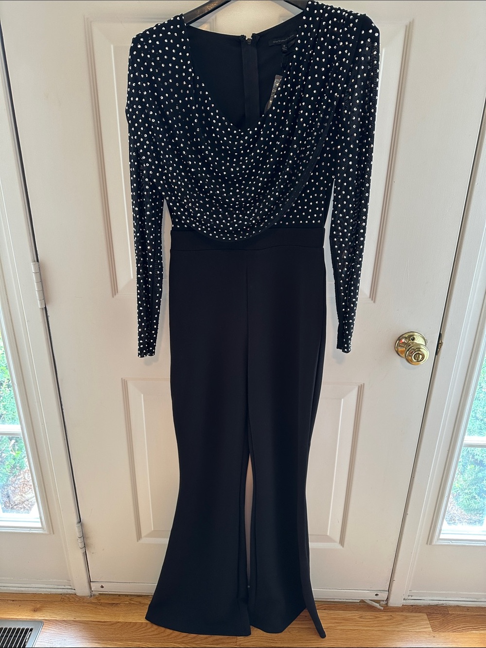 Symphony Black and Rhinestone sheer Long-Sleeve Jumpsuit NWT size medium elegant